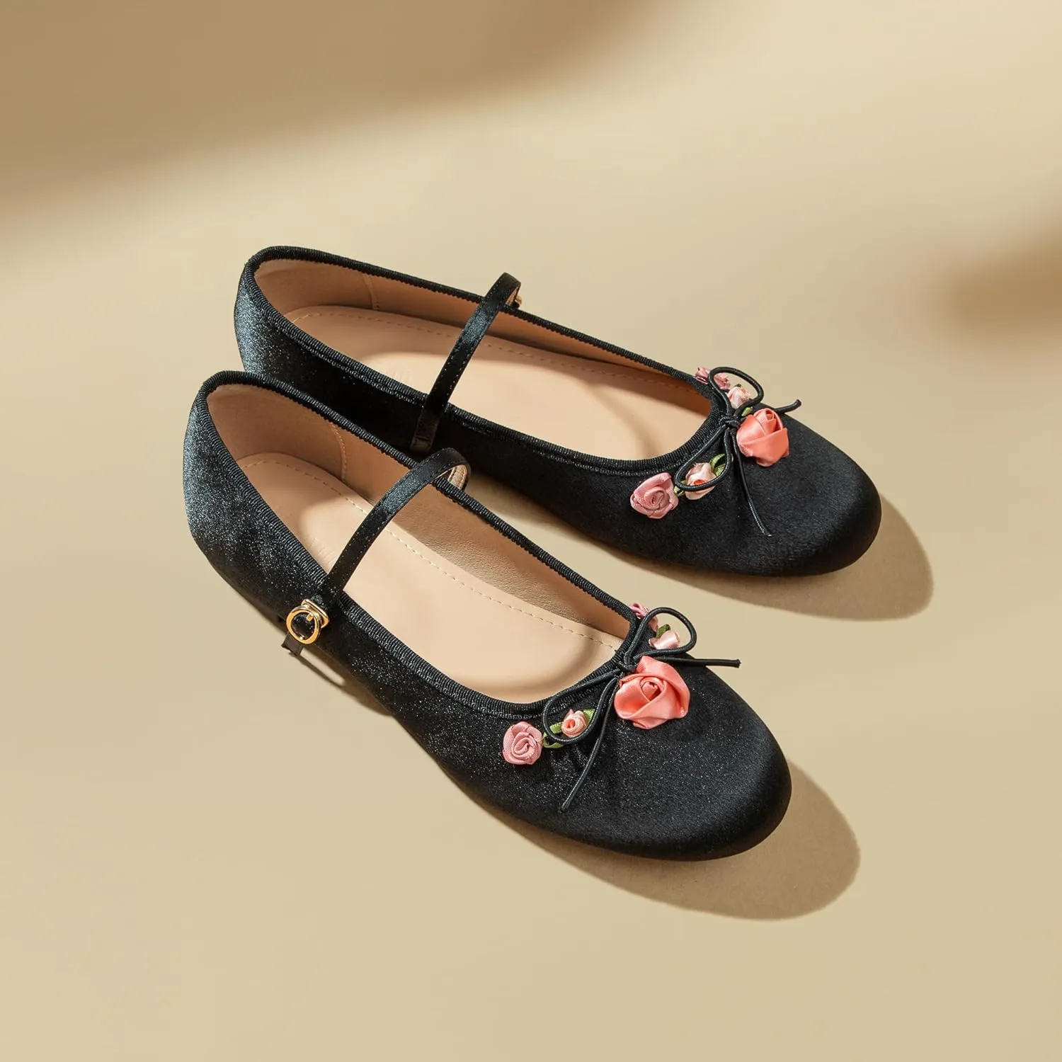 Mary Jane Flats;Round Toe Ballet Flat;Satin Floral Design Women Shoes