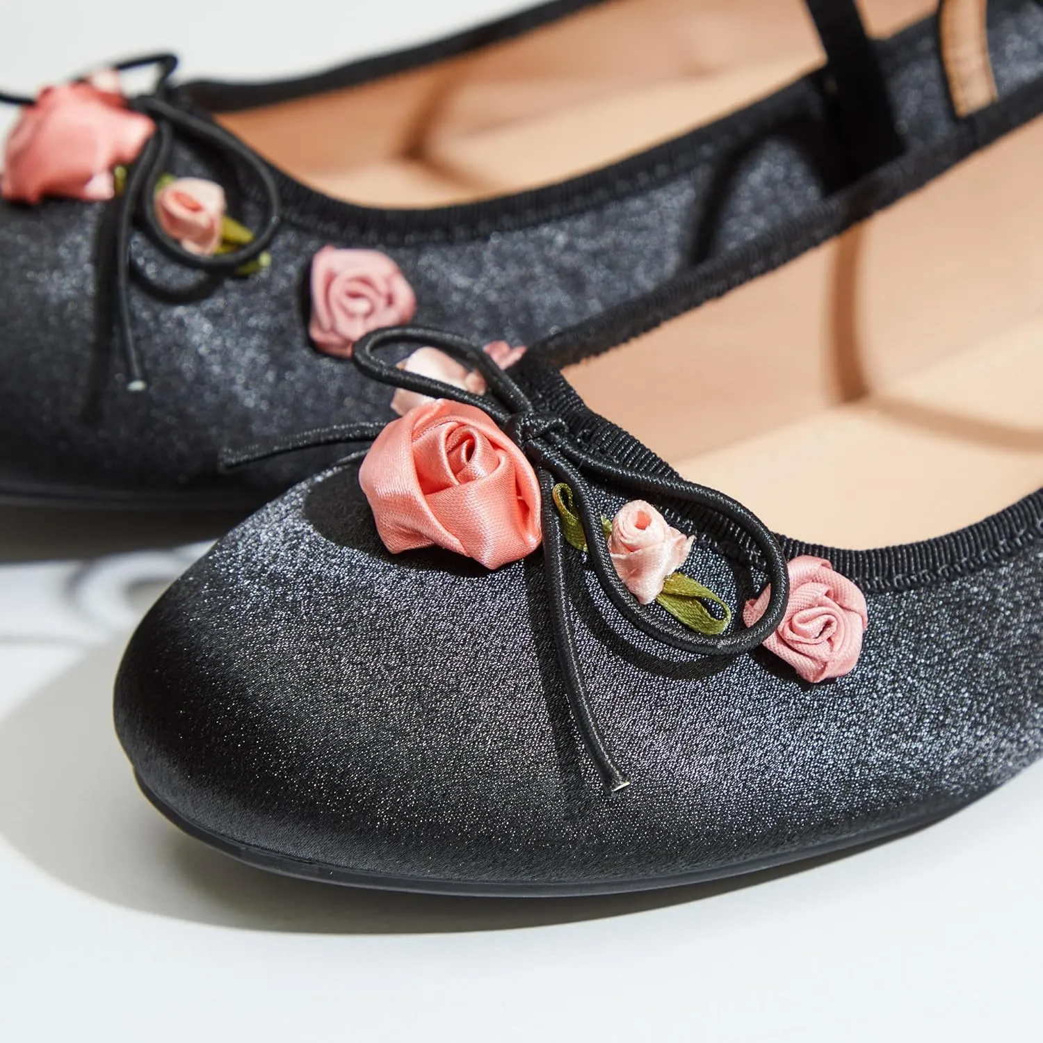 Mary Jane Flats;Round Toe Ballet Flat;Satin Floral Design Women Shoes