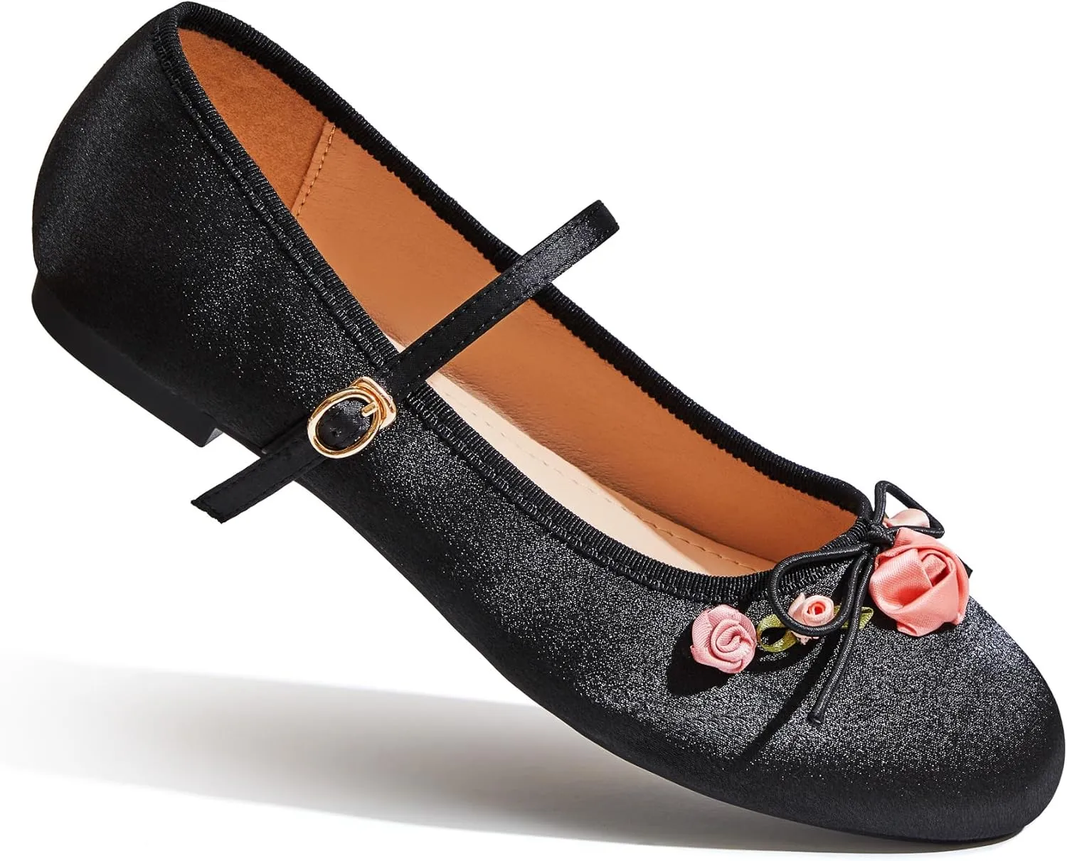 Mary Jane Flats;Round Toe Ballet Flat;Satin Floral Design Women Shoes