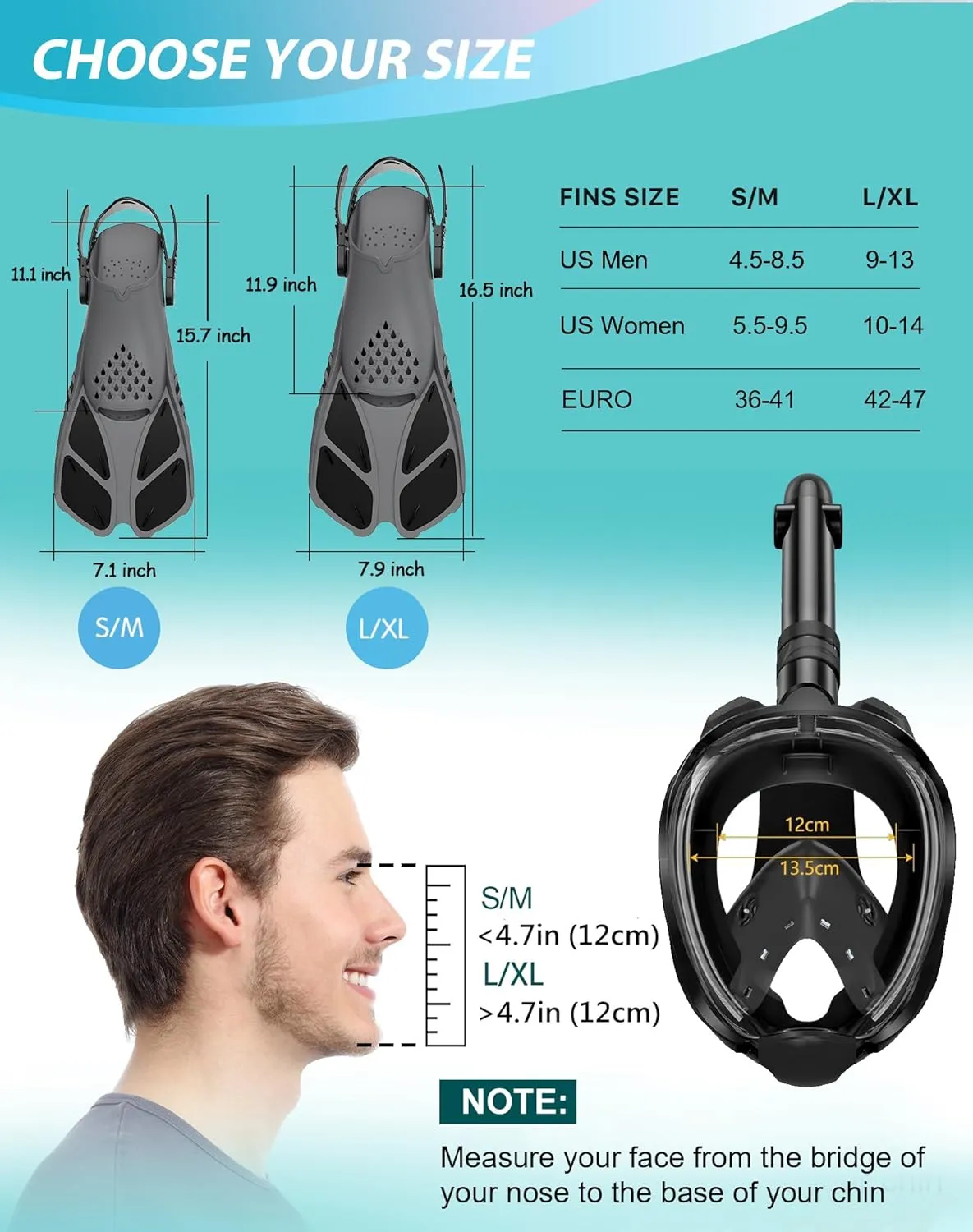 Mask Fins Snorkeling Gear for Adults, Full Face Snorkel Mask & Adjustable Swim Fins Snorkel Set, Panoramic View Snorkel Mask Dry Top Anti-Fog Anti-Leak