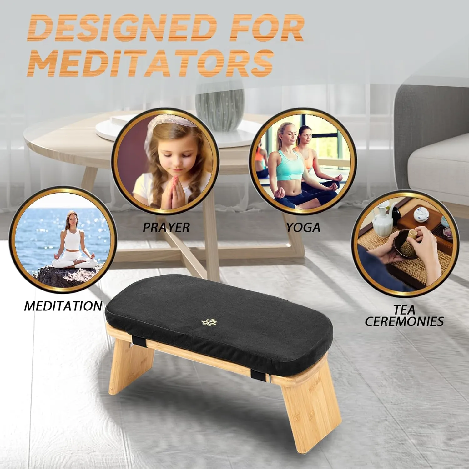 Meditation Bench, Bamboo Meditation Stool, Folding Kneeling Meditation Bench, Seiza Prayer Bench, Prayer Bench with Meditation Cushion, Kneeling Stool (Black)