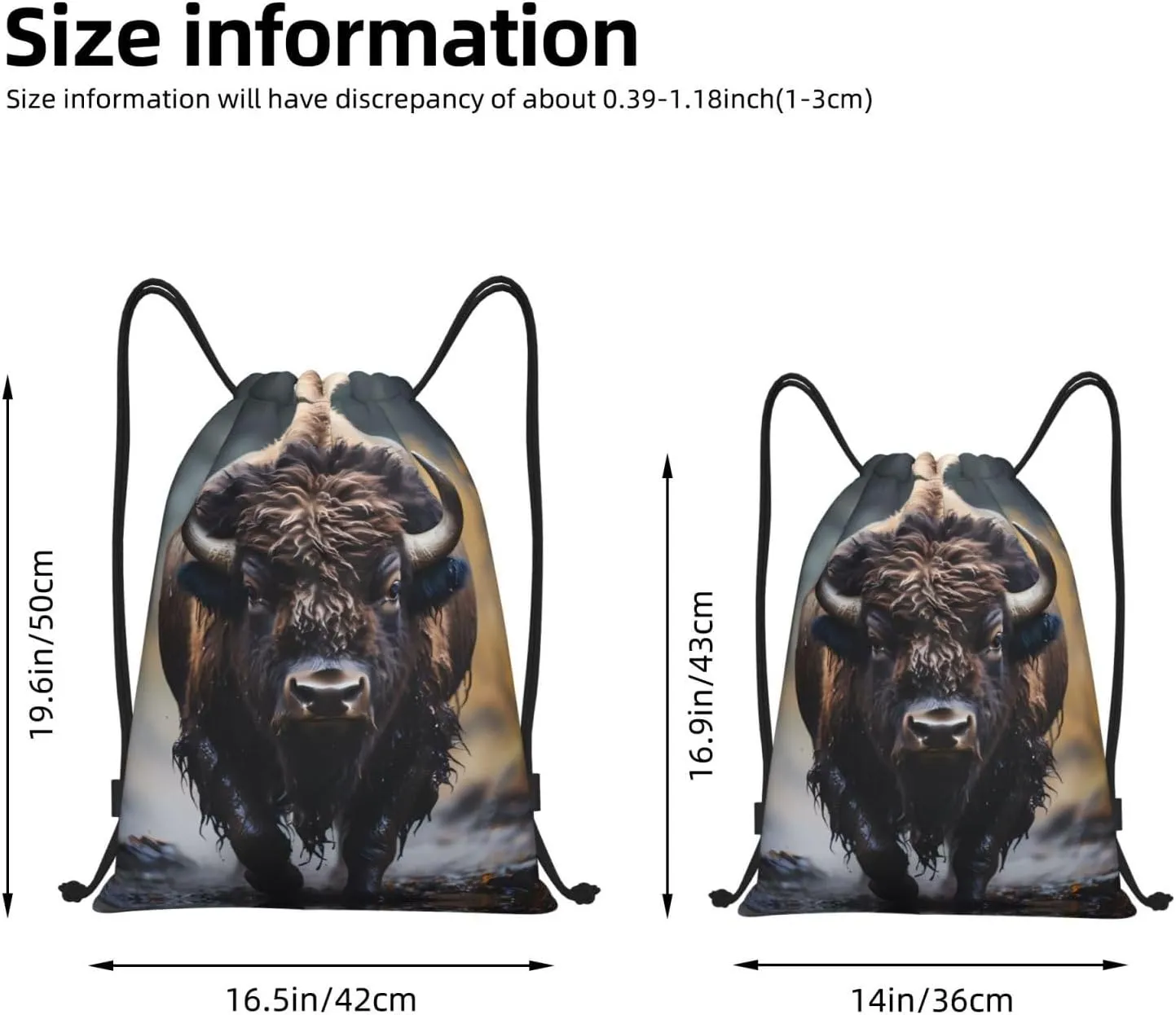 Medium North American bison Print Lightweight Drawstring Backpack/Waterproof Sports Gym Travel Bag, for Unisex Men Women