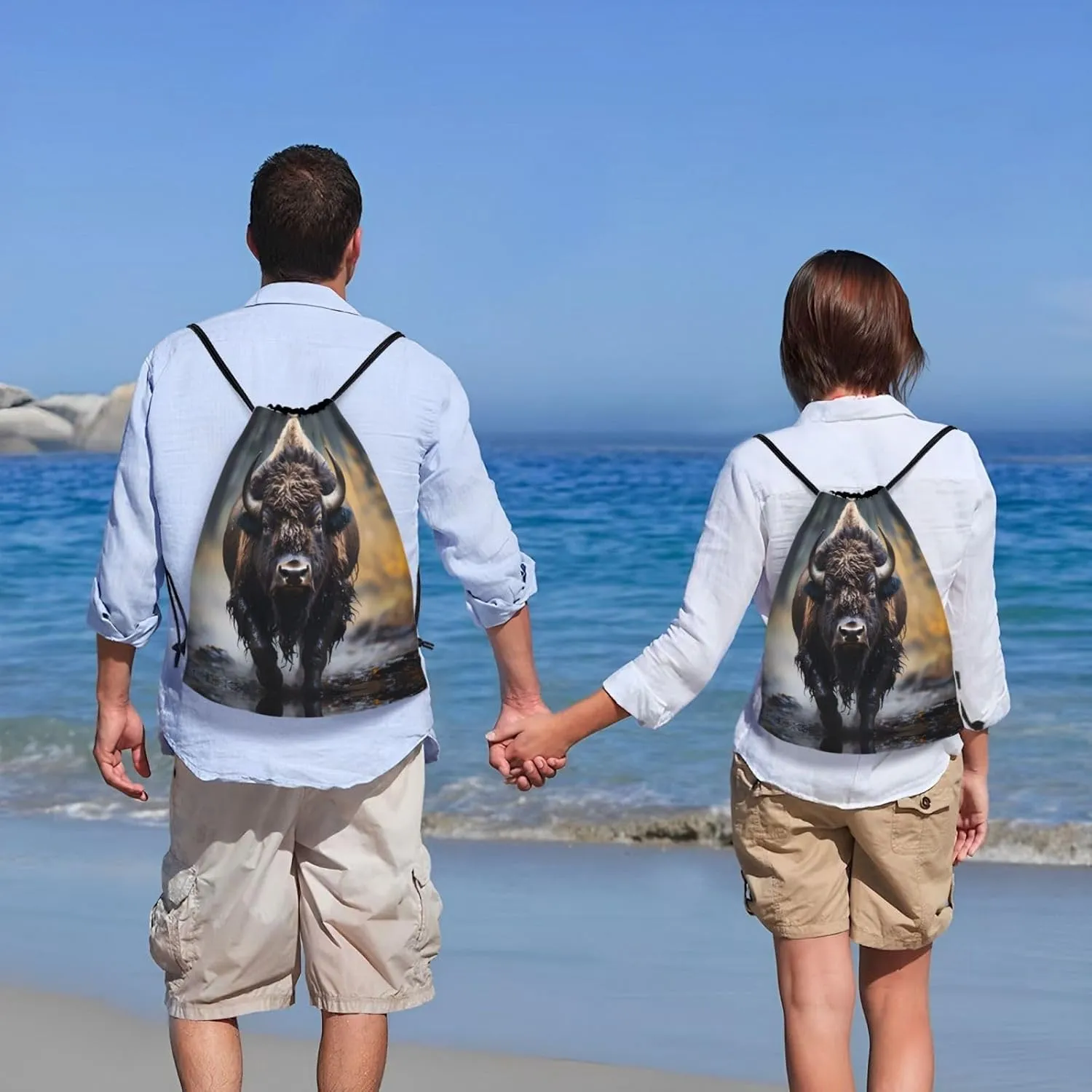 Medium North American bison Print Lightweight Drawstring Backpack/Waterproof Sports Gym Travel Bag, for Unisex Men Women