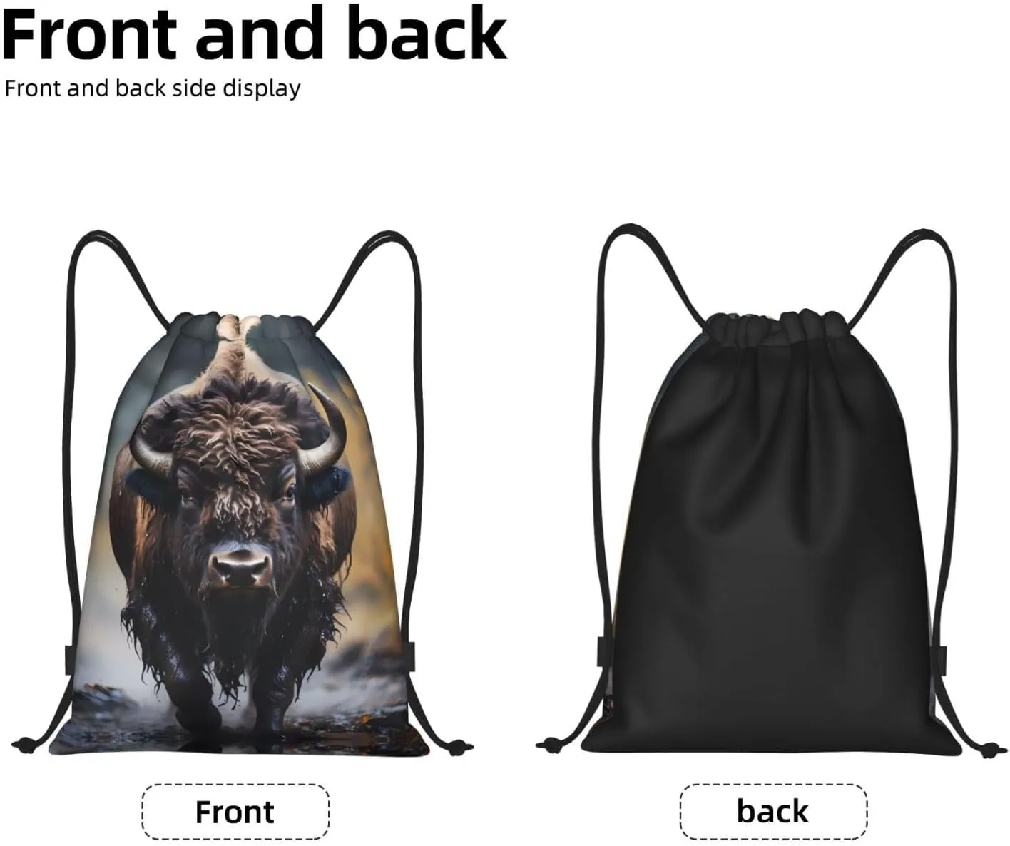 Medium North American bison Print Lightweight Drawstring Backpack/Waterproof Sports Gym Travel Bag, for Unisex Men Women