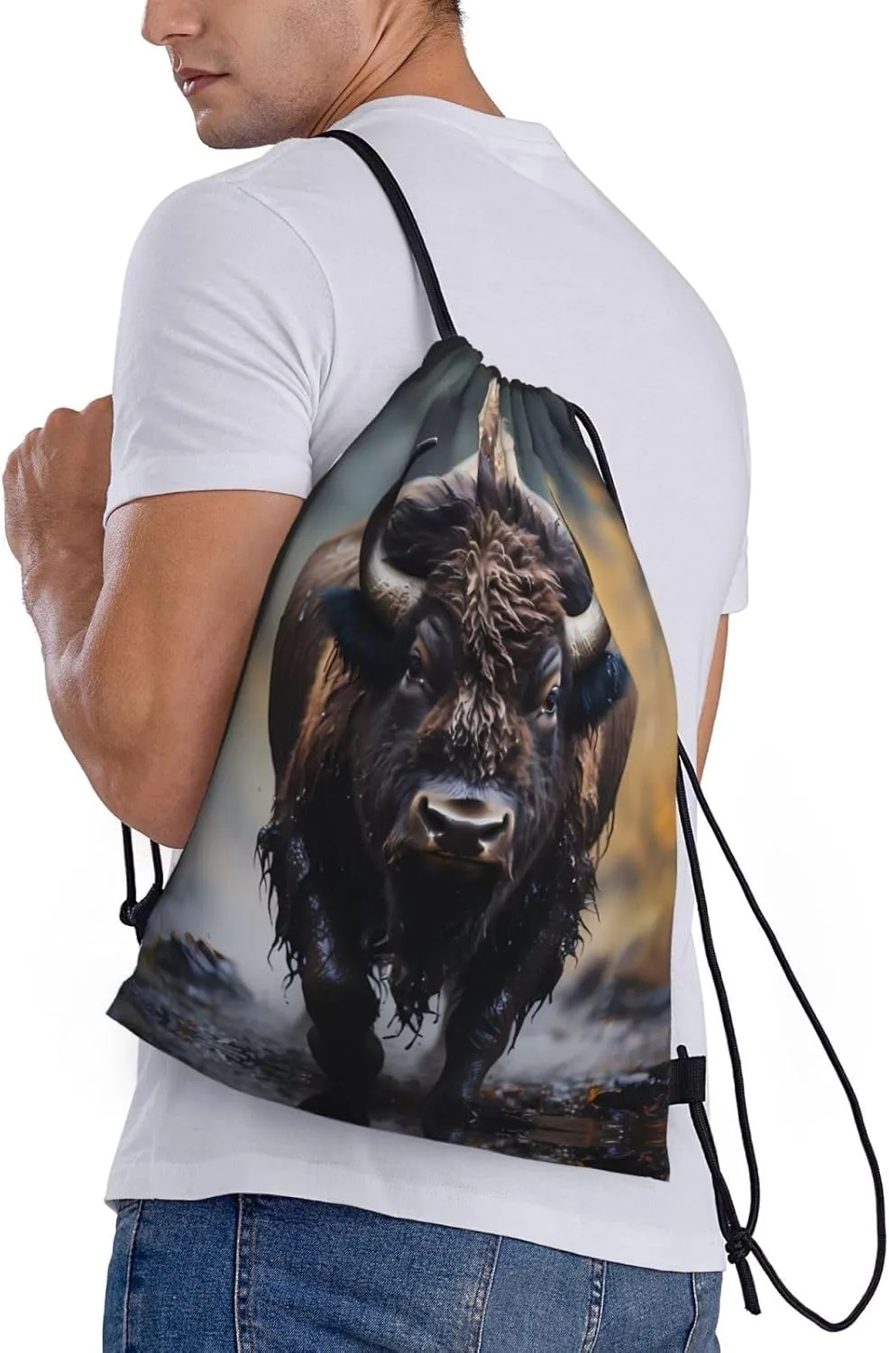 Medium North American bison Print Lightweight Drawstring Backpack/Waterproof Sports Gym Travel Bag, for Unisex Men Women