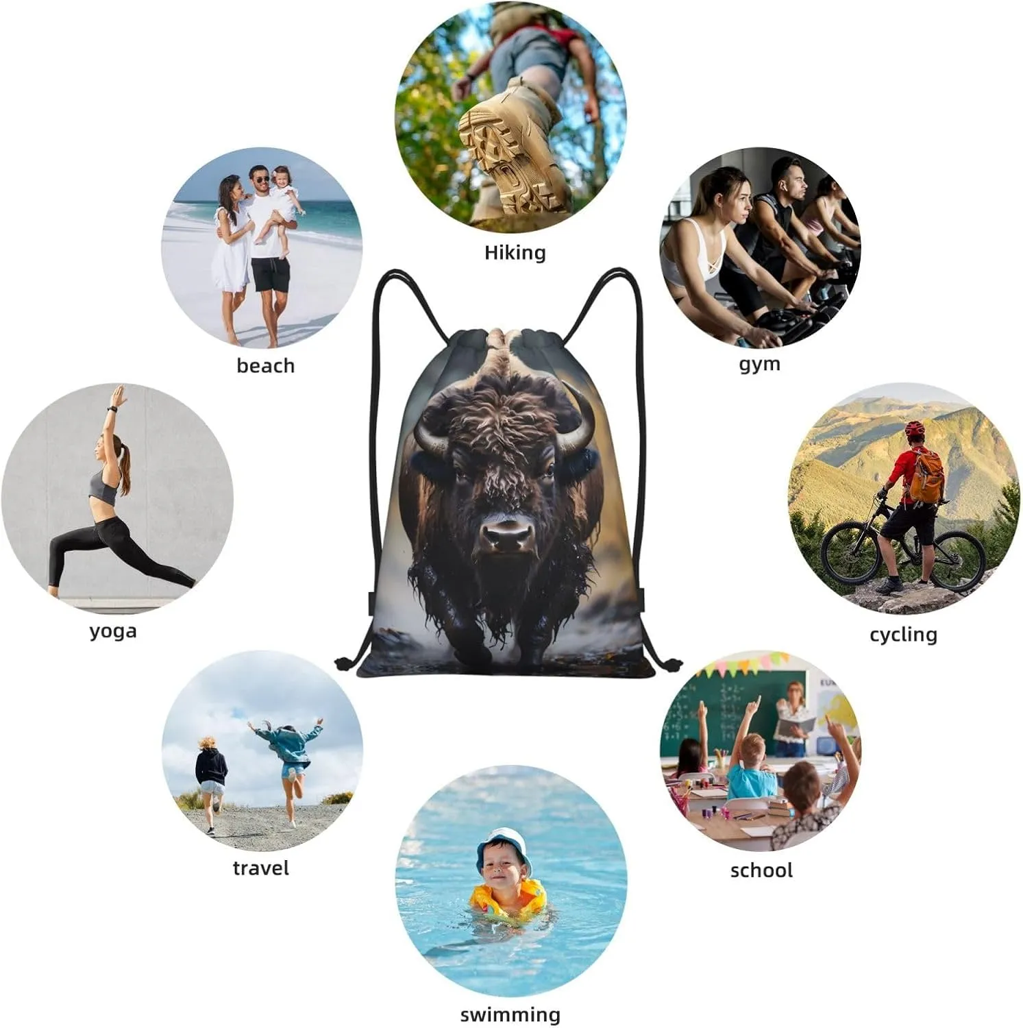 Medium North American bison Print Lightweight Drawstring Backpack/Waterproof Sports Gym Travel Bag, for Unisex Men Women
