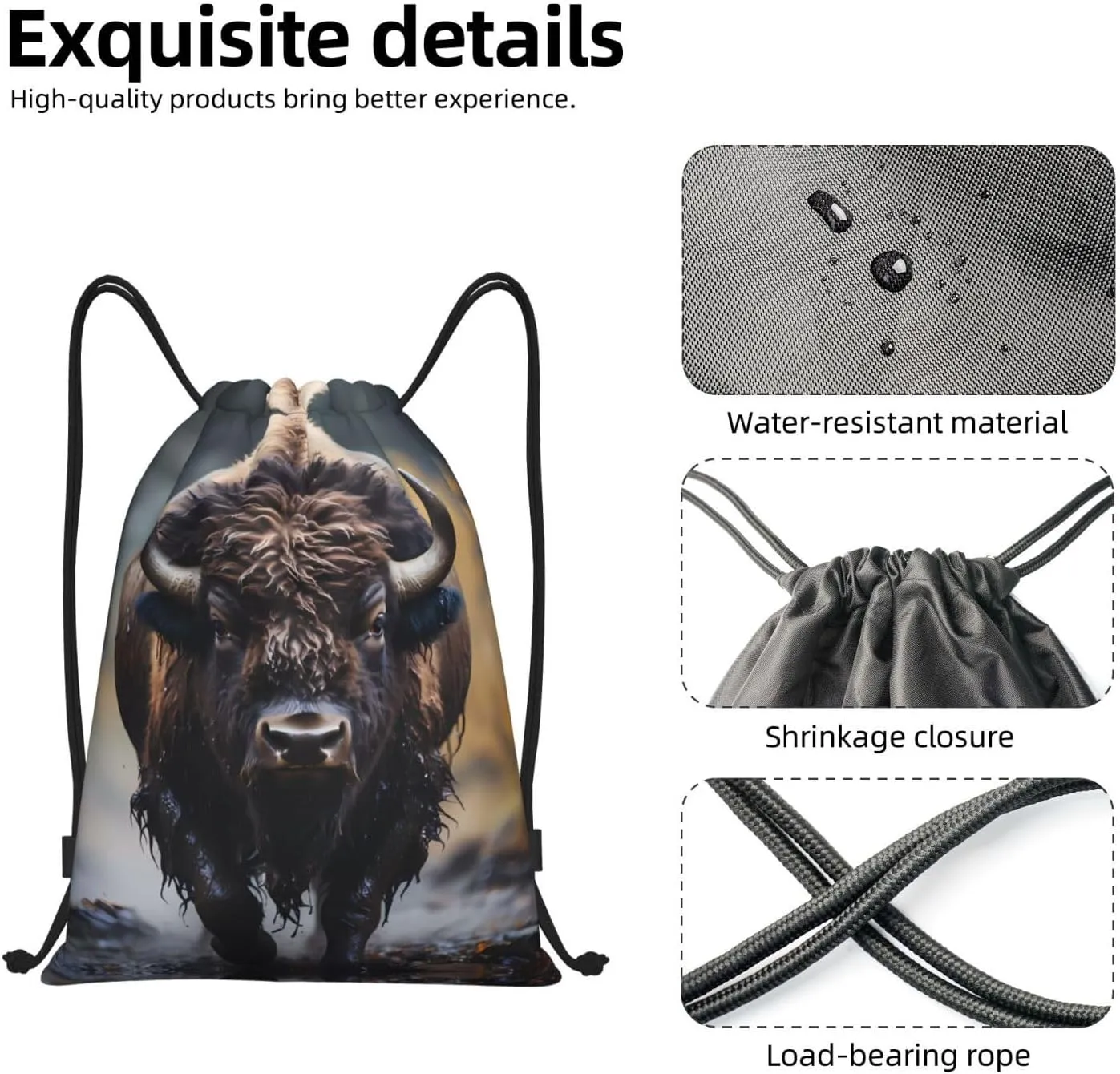 Medium North American bison Print Lightweight Drawstring Backpack/Waterproof Sports Gym Travel Bag, for Unisex Men Women