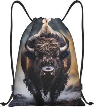 Medium North American bison Print Lightweight Drawstring Backpack/Waterproof Sports Gym Travel Bag, for Unisex Men Women