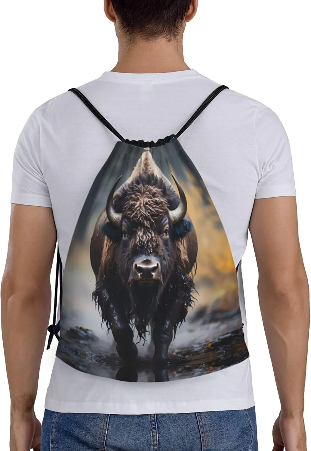 Medium North American bison Print Lightweight Drawstring Backpack/Waterproof Sports Gym Travel Bag, for Unisex Men Women