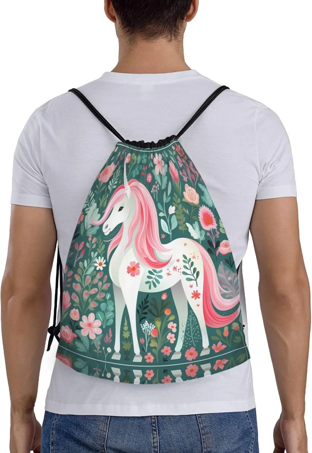 Medium Unicorn with pink hair Print Lightweight Drawstring Backpack/Waterproof Sports Gym Travel Bag, for Unisex Men Women