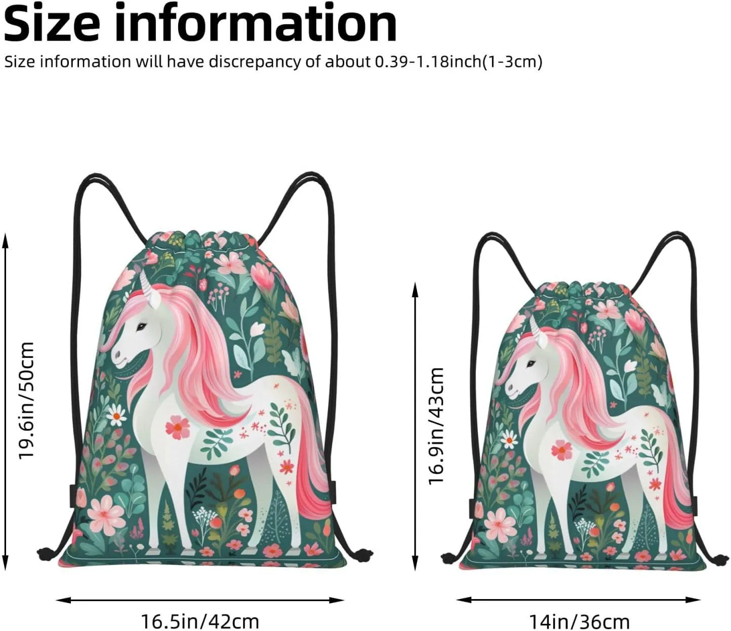 Medium Unicorn with pink hair Print Lightweight Drawstring Backpack/Waterproof Sports Gym Travel Bag, for Unisex Men Women