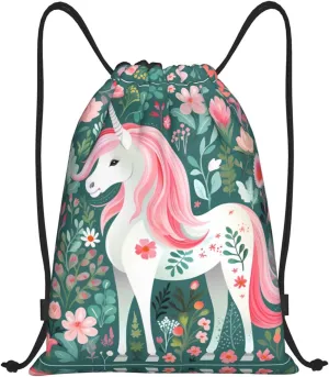 Medium Unicorn with pink hair Print Lightweight Drawstring Backpack/Waterproof Sports Gym Travel Bag, for Unisex Men Women