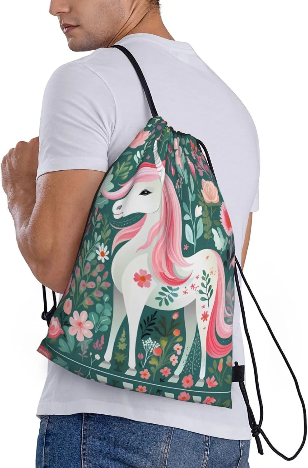 Medium Unicorn with pink hair Print Lightweight Drawstring Backpack/Waterproof Sports Gym Travel Bag, for Unisex Men Women