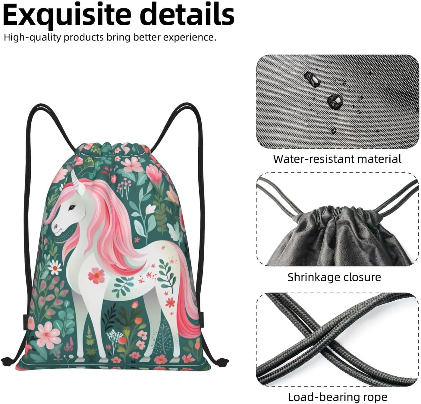 Medium Unicorn with pink hair Print Lightweight Drawstring Backpack/Waterproof Sports Gym Travel Bag, for Unisex Men Women