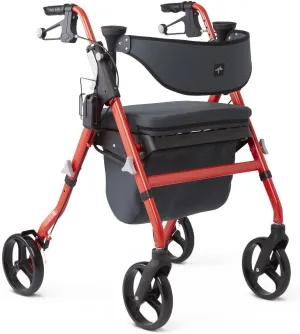 Medline Premium Empower Rollator Walker with Memory Foam Seat, Black & Red, 300 lb. Weight Capacity, 8” Wheels, Microban* Technology, Cupholder, Rolling Walker for Mobility Impairment