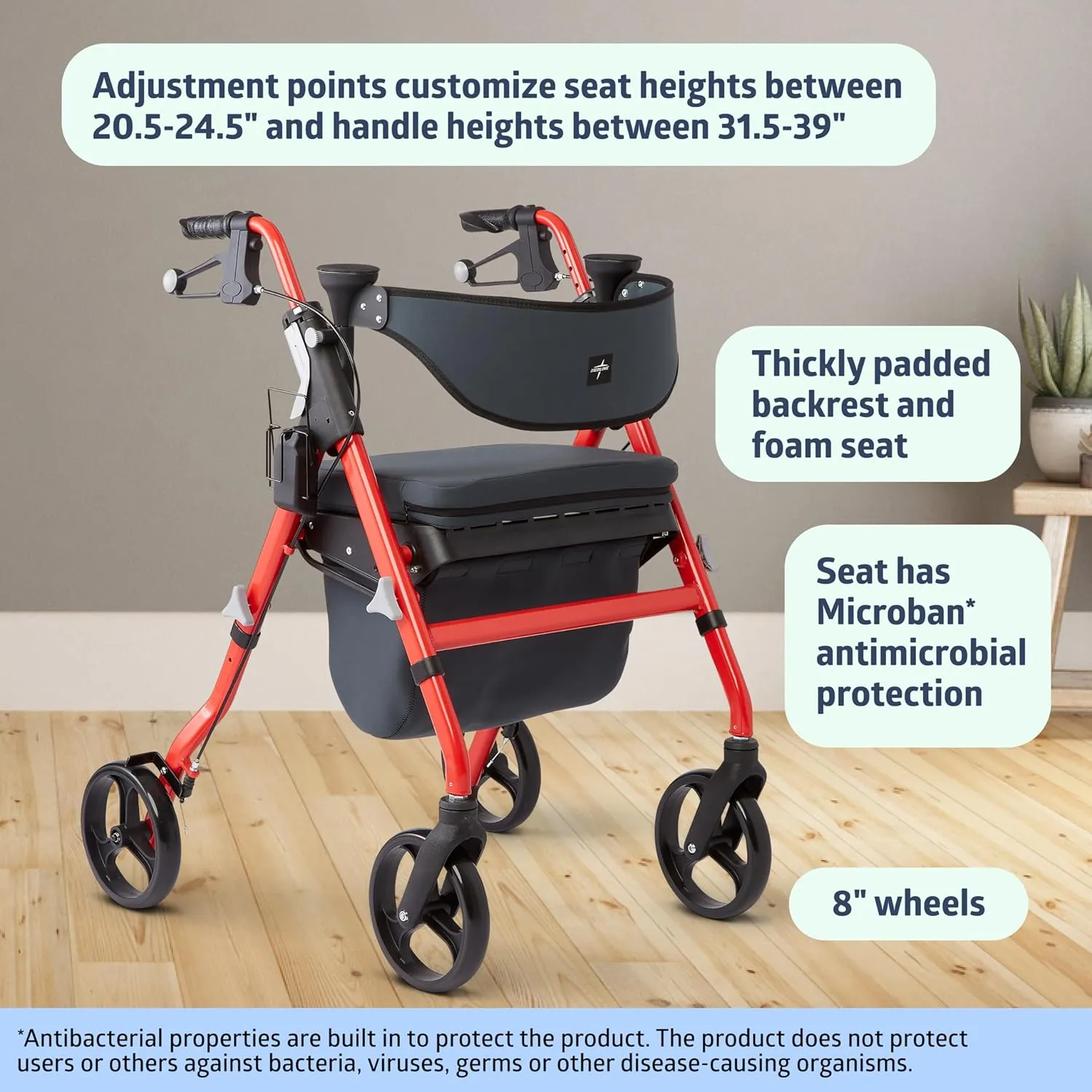 Medline Premium Empower Rollator Walker with Memory Foam Seat, Black & Red, 300 lb. Weight Capacity, 8” Wheels, Microban* Technology, Cupholder, Rolling Walker for Mobility Impairment