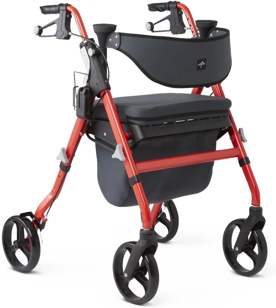 Medline Premium Empower Rollator Walker with Memory Foam Seat, Black & Red, 300 lb. Weight Capacity, 8” Wheels, Microban* Technology, Cupholder, Rolling Walker for Mobility Impairment