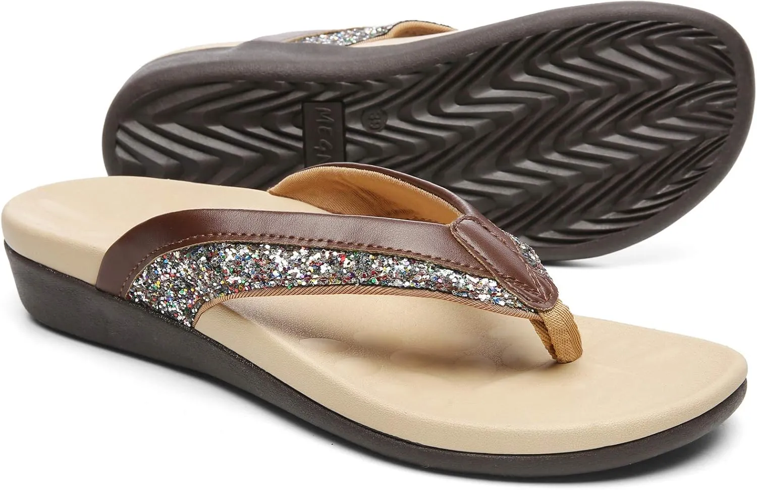 MEGNYA Comfortable Walking Flip Flops for Womens, Orthopedic Walking Sandals with Arch Support, Flat Feet Pain Relief Sandals for Beach, Summer, Pool