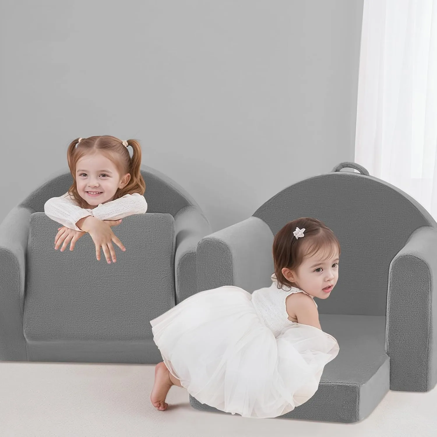 MeMoreCool Folding Toddler Chair, Comfy Plush Fold Out Kids Couch Sofa, Convertible Kid Sofa Bed, Flip Out Baby Recliner Foldable Children Sofa for Toddlers 1-4 Girls Boys, Grey