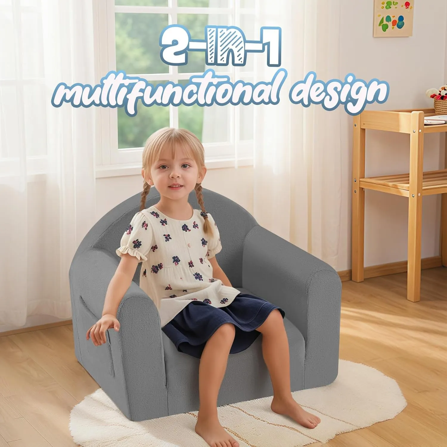 MeMoreCool Folding Toddler Chair, Comfy Plush Fold Out Kids Couch Sofa, Convertible Kid Sofa Bed, Flip Out Baby Recliner Foldable Children Sofa for Toddlers 1-4 Girls Boys, Grey