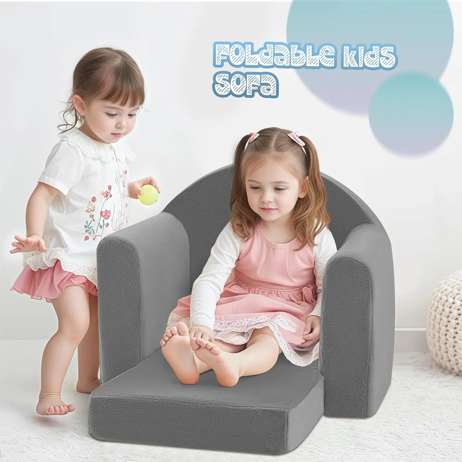 MeMoreCool Folding Toddler Chair, Comfy Plush Fold Out Kids Couch Sofa, Convertible Kid Sofa Bed, Flip Out Baby Recliner Foldable Children Sofa for Toddlers 1-4 Girls Boys, Grey