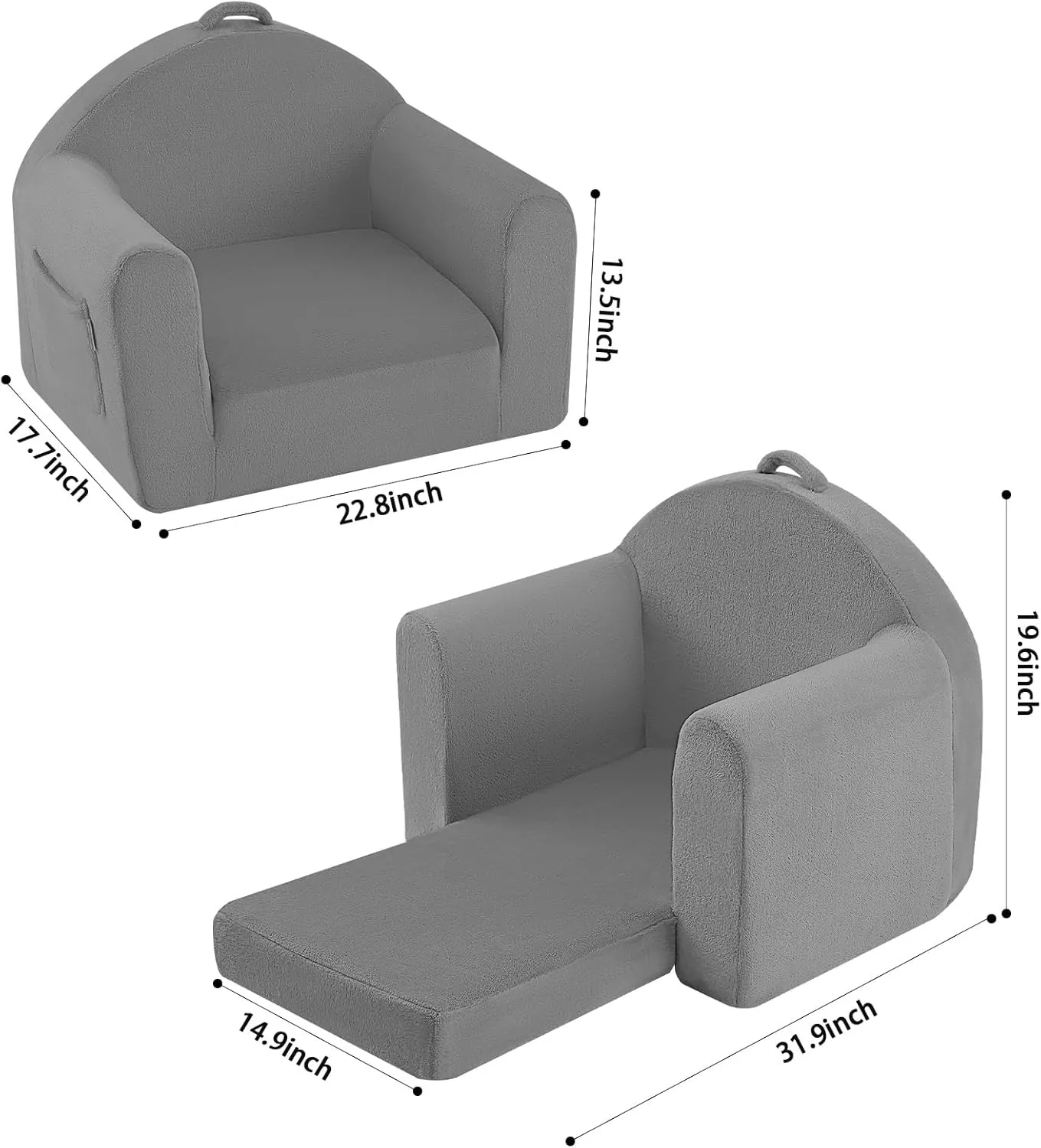 MeMoreCool Folding Toddler Chair, Comfy Plush Fold Out Kids Couch Sofa, Convertible Kid Sofa Bed, Flip Out Baby Recliner Foldable Children Sofa for Toddlers 1-4 Girls Boys, Grey