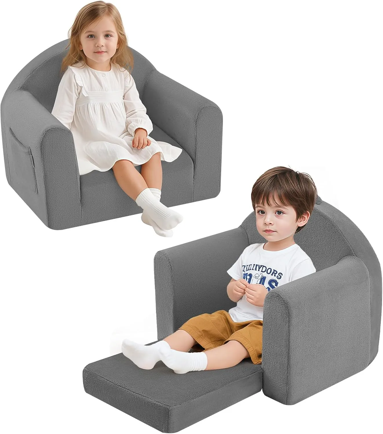 MeMoreCool Folding Toddler Chair, Comfy Plush Fold Out Kids Couch Sofa, Convertible Kid Sofa Bed, Flip Out Baby Recliner Foldable Children Sofa for Toddlers 1-4 Girls Boys, Grey