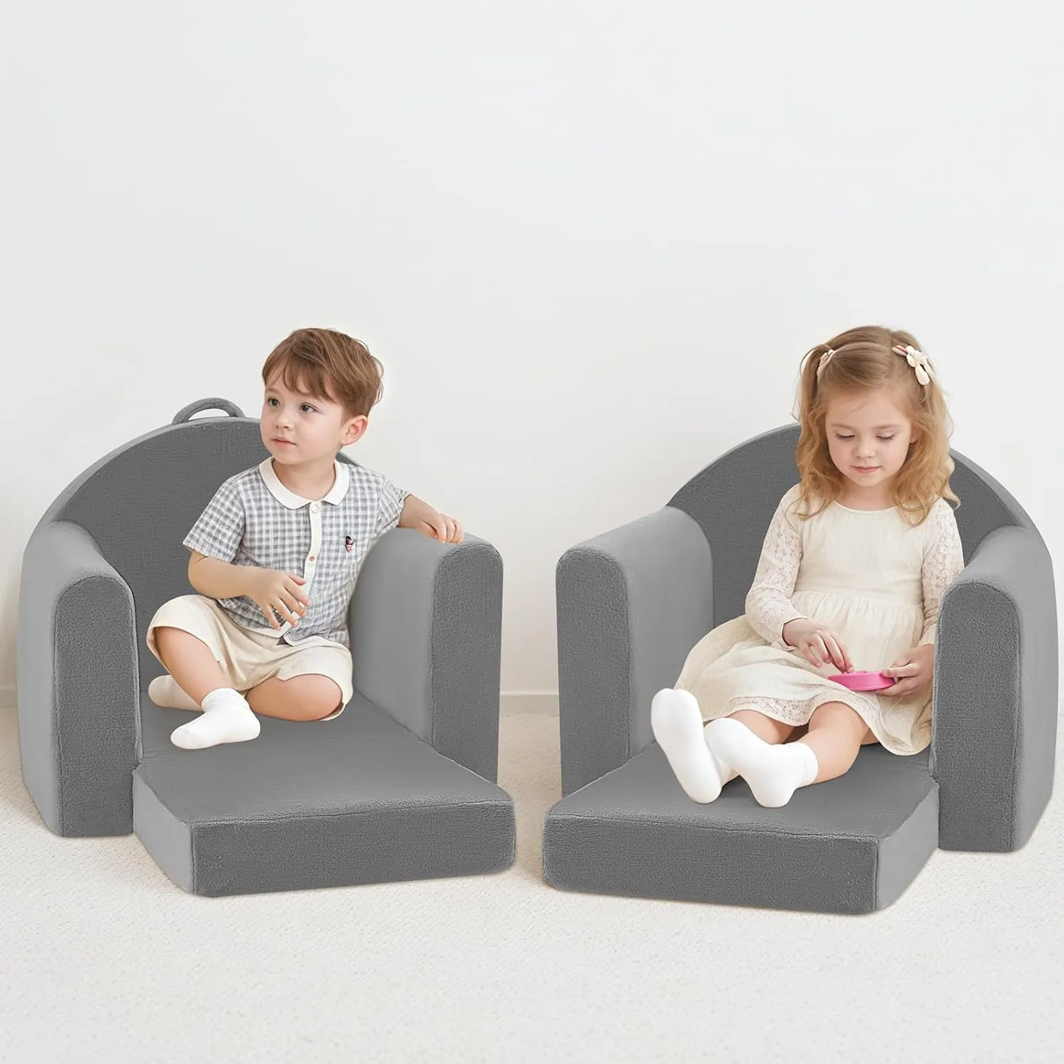 MeMoreCool Folding Toddler Chair, Comfy Plush Fold Out Kids Couch Sofa, Convertible Kid Sofa Bed, Flip Out Baby Recliner Foldable Children Sofa for Toddlers 1-4 Girls Boys, Grey