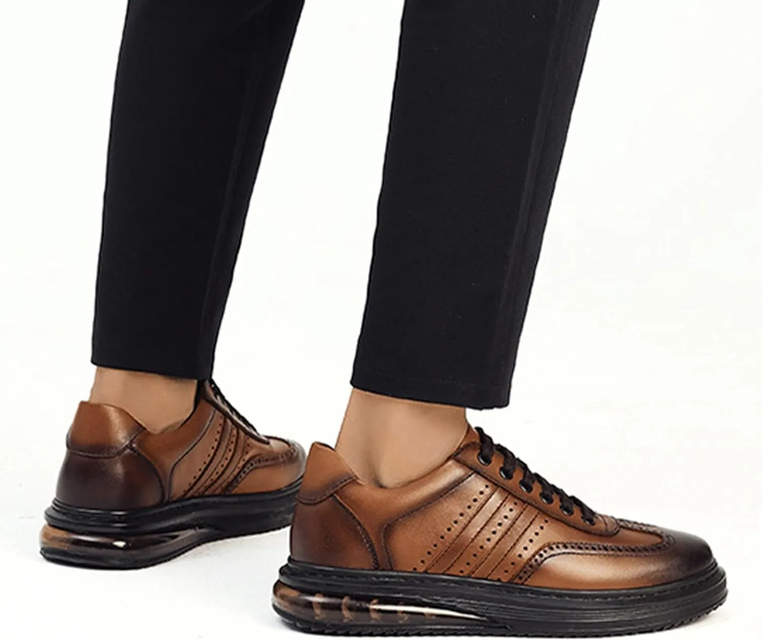 Men's Air Cushion Dress Leather Shoes,Lightweight Comfort Trendy Wingtip Carving Lace-up Casual Business Oxford Sneakers