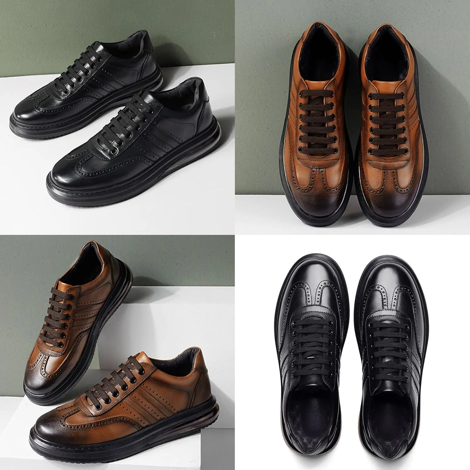 Men's Air Cushion Dress Leather Shoes,Lightweight Comfort Trendy Wingtip Carving Lace-up Casual Business Oxford Sneakers