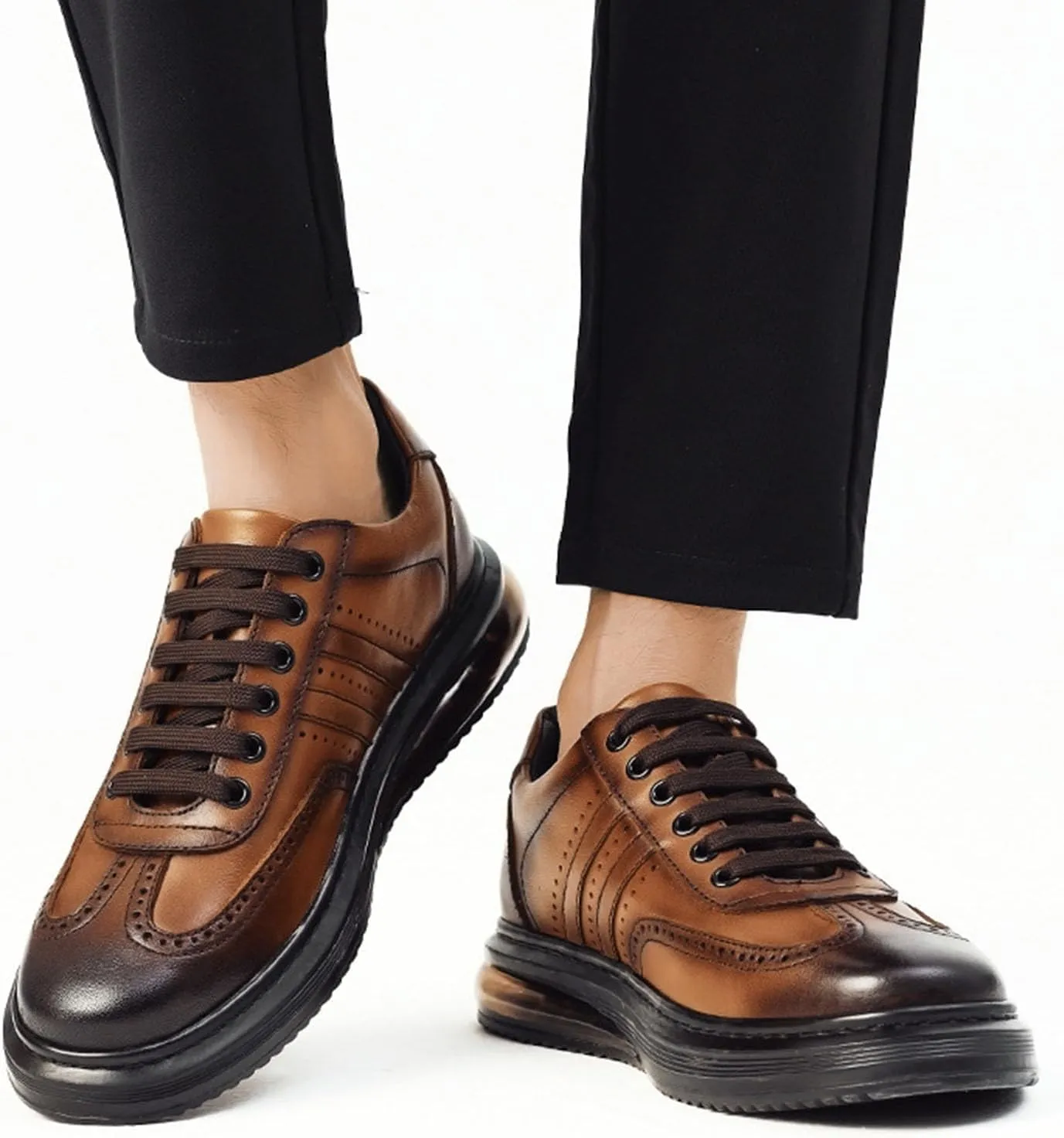 Men's Air Cushion Dress Leather Shoes,Lightweight Comfort Trendy Wingtip Carving Lace-up Casual Business Oxford Sneakers