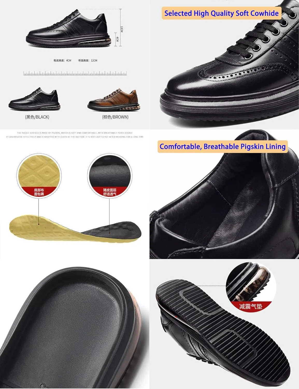 Men's Air Cushion Dress Leather Shoes,Lightweight Comfort Trendy Wingtip Carving Lace-up Casual Business Oxford Sneakers