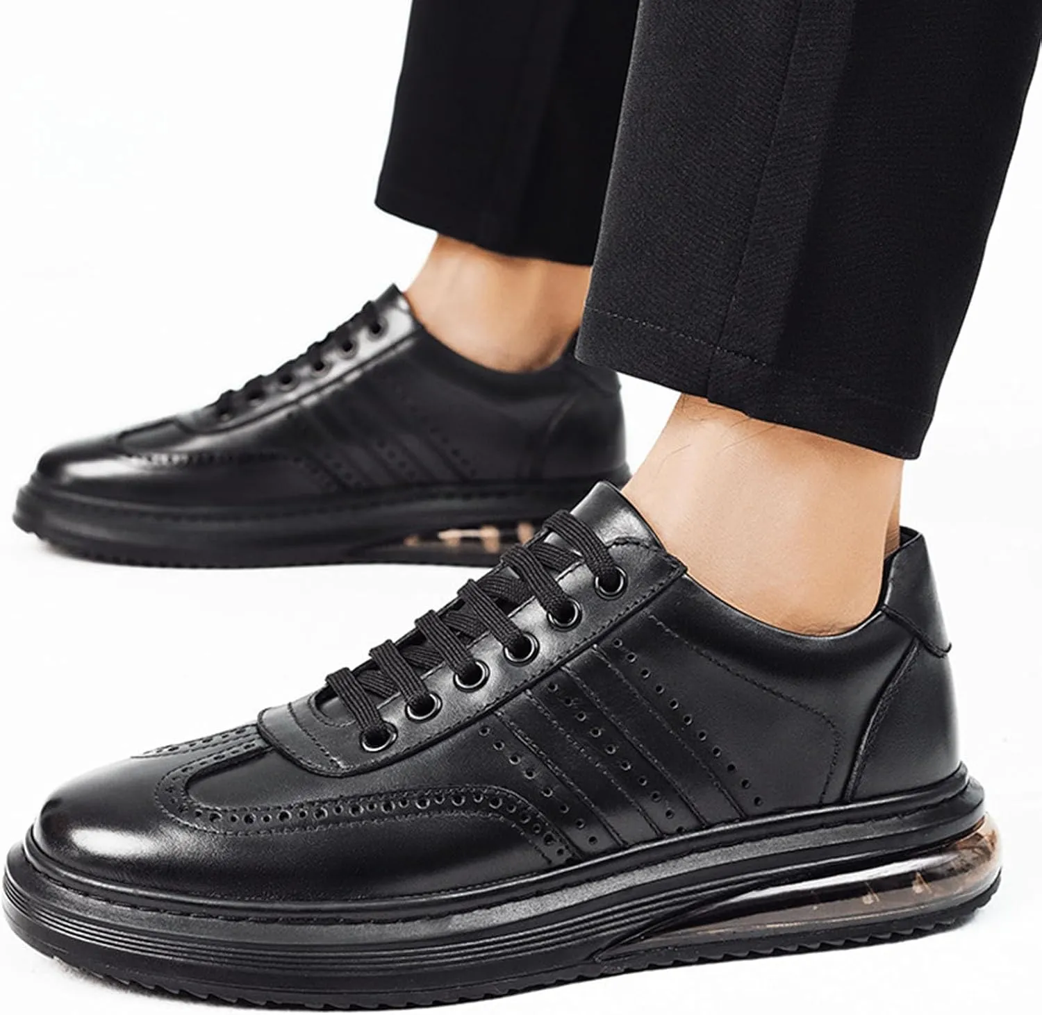 Men's Air Cushion Dress Leather Shoes,Lightweight Comfort Trendy Wingtip Carving Lace-up Casual Business Oxford Sneakers