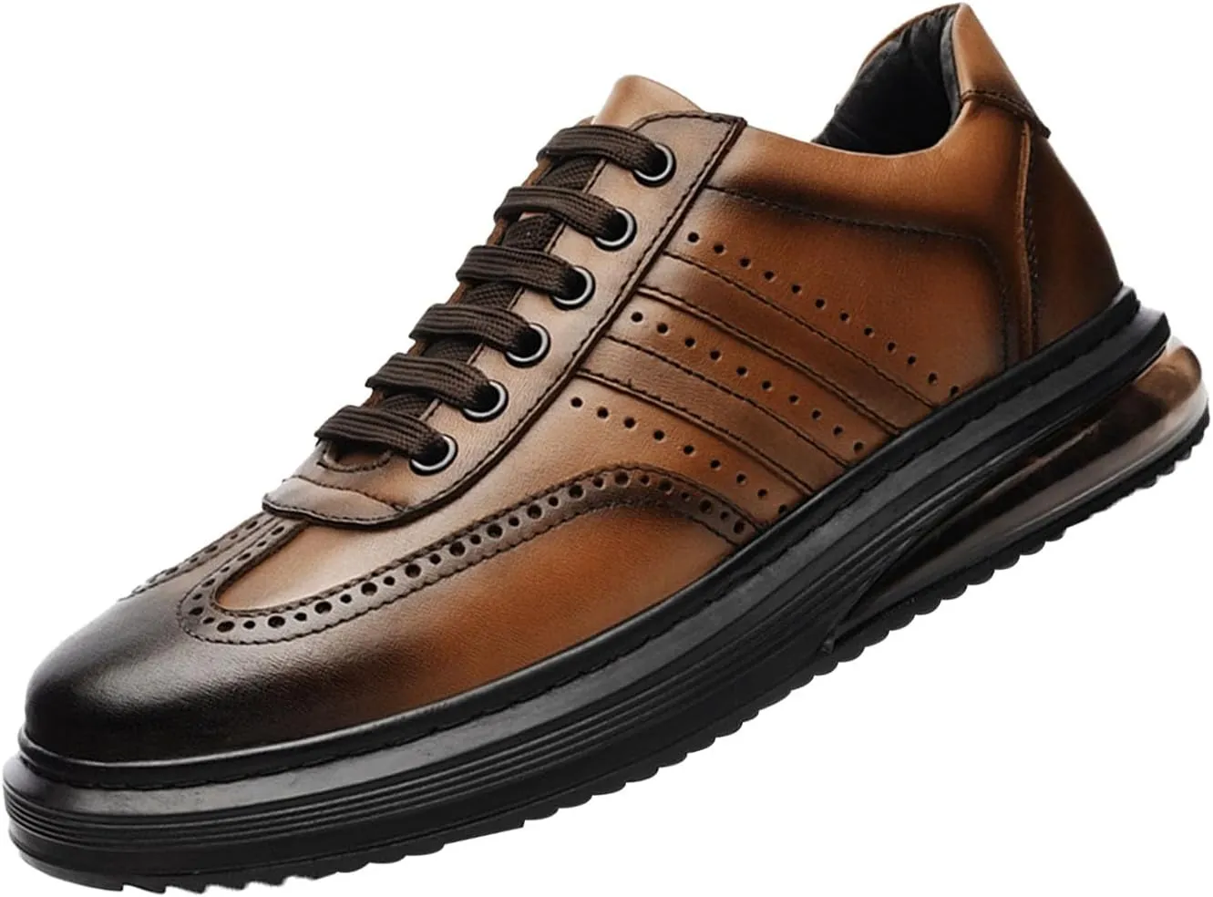 Men's Air Cushion Dress Leather Shoes,Lightweight Comfort Trendy Wingtip Carving Lace-up Casual Business Oxford Sneakers
