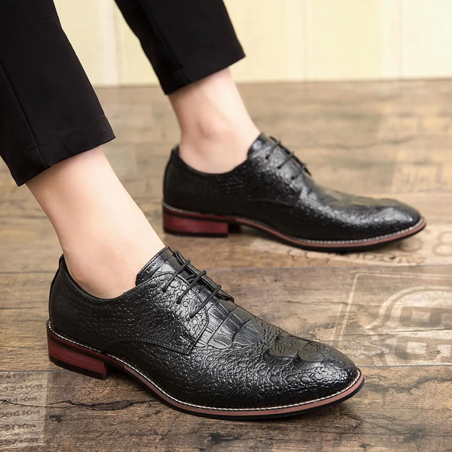Men's Alligator Lace Up Dress Shoes Men's Crocodile Print Round Toe Oxford Shoes,Classical Business Formal Derby Shoes for Men