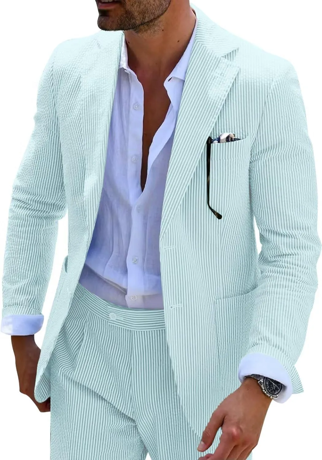 Mens Blue Seersucker Summer Suits Grooms Sear Sucker Suit for Wedding Mens Formal Suits Slim Fit