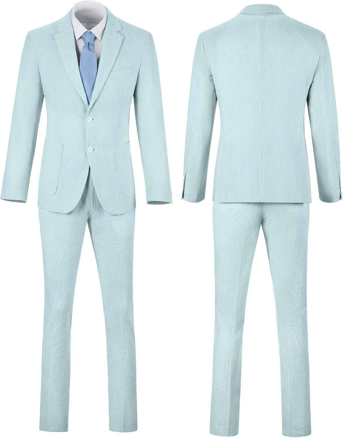 Mens Blue Seersucker Summer Suits Grooms Sear Sucker Suit for Wedding Mens Formal Suits Slim Fit