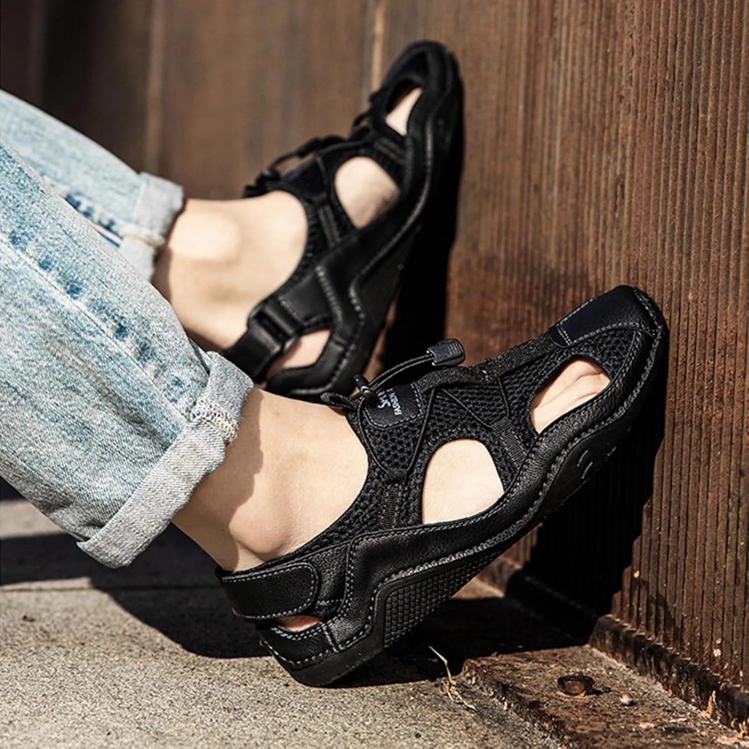Men's Fashion Breathable Hollow Mesh Cloth Fisherman Sandal Closed Toe Summer Outdoor Water Proof and Slip Beach Loafters for Comfortable Travel Casual Shoes