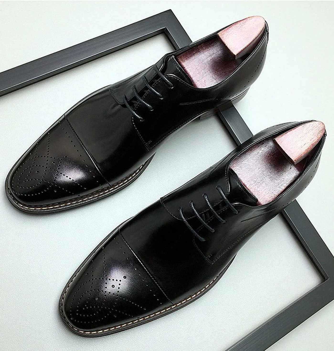 Men’s Genuine Leather Oxfords Dress Shoes – Handcrafted Cap-Toe Derby Shoes for Formal, Tuxedo, Prom, Wedding & Business Casual
