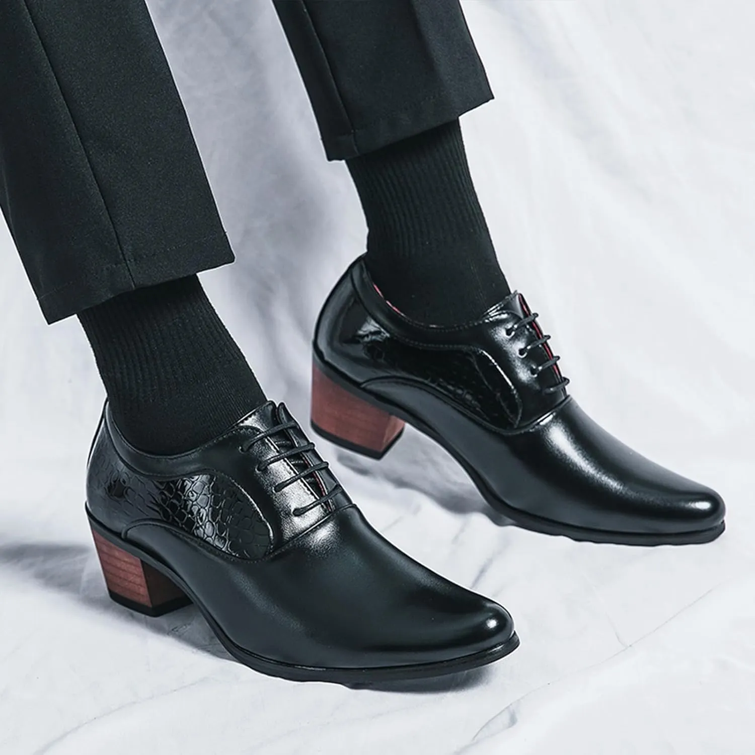 Men's Leather Derby Oxfords Shoes Classic Lace-up Low Top Pointed Toe Embossed Block High Heel Business Wedding Dress Shoes
