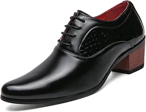 Men's Leather Derby Oxfords Shoes Classic Lace-up Low Top Pointed Toe Embossed Block High Heel Business Wedding Dress Shoes