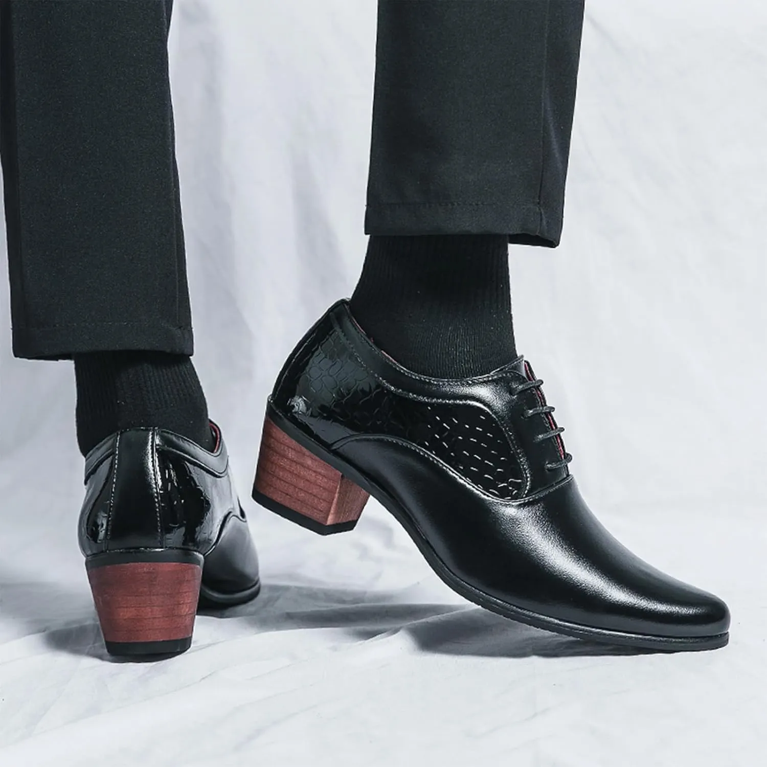 Men's Leather Derby Oxfords Shoes Classic Lace-up Low Top Pointed Toe Embossed Block High Heel Business Wedding Dress Shoes