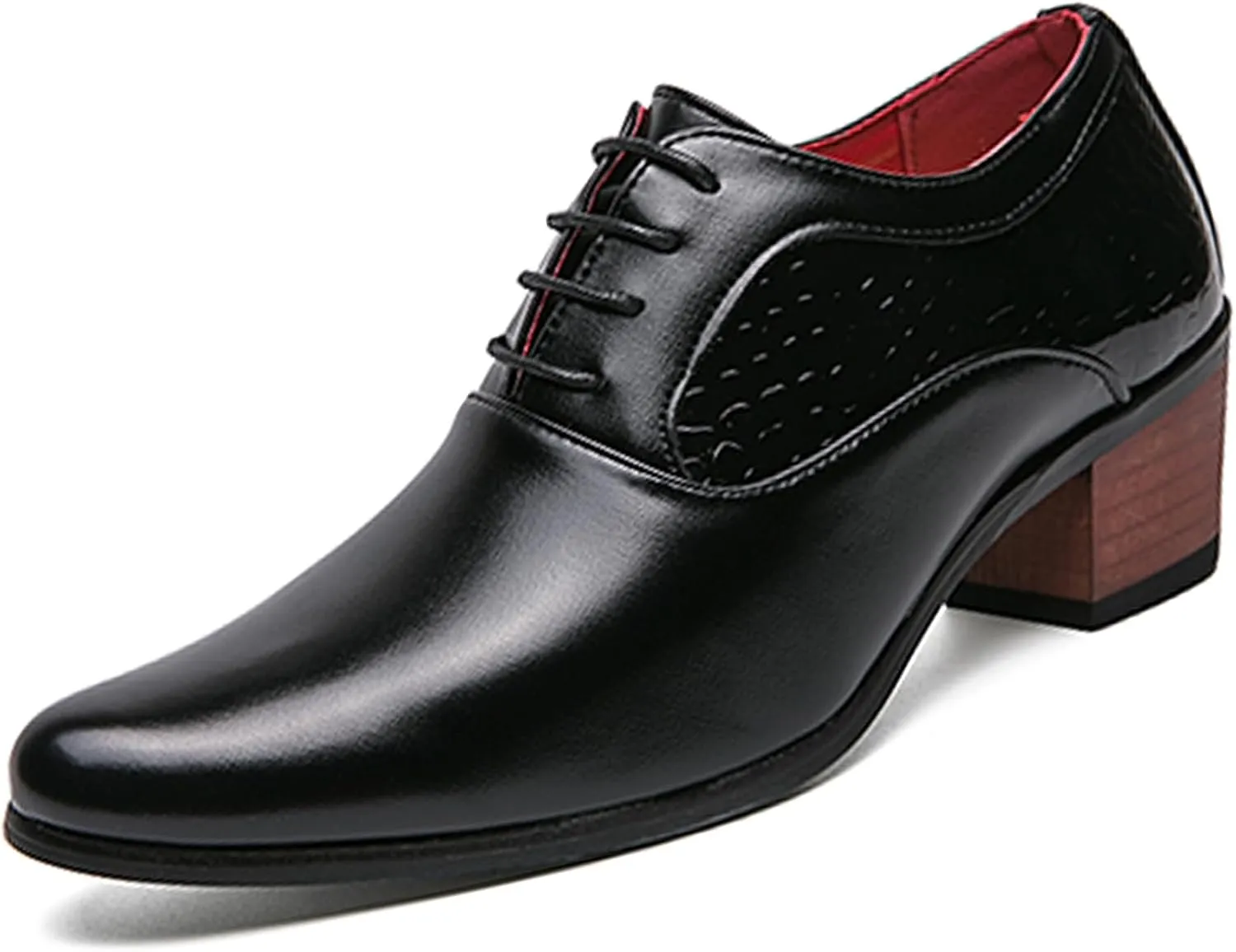 Men's Leather Derby Oxfords Shoes Classic Lace-up Low Top Pointed Toe Embossed Block High Heel Business Wedding Dress Shoes