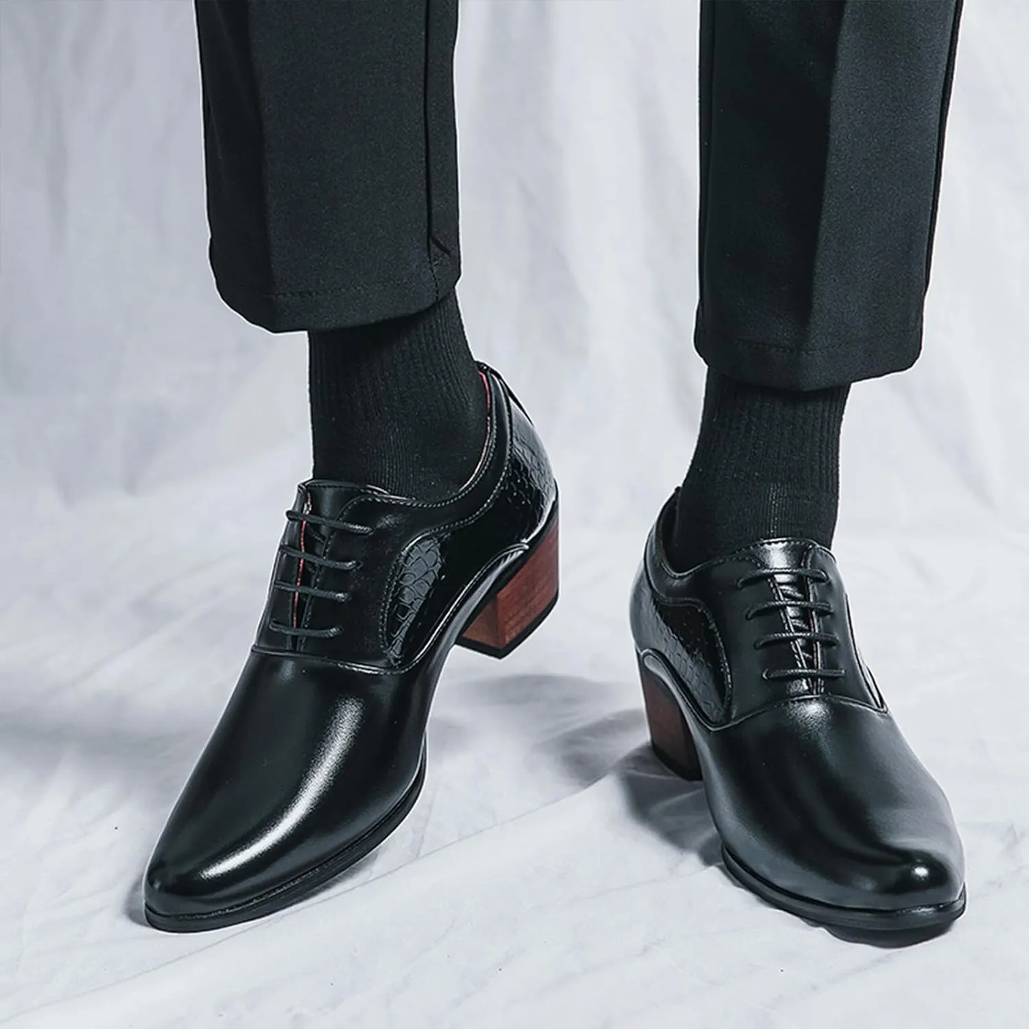 Men's Leather Derby Oxfords Shoes Classic Lace-up Low Top Pointed Toe Embossed Block High Heel Business Wedding Dress Shoes