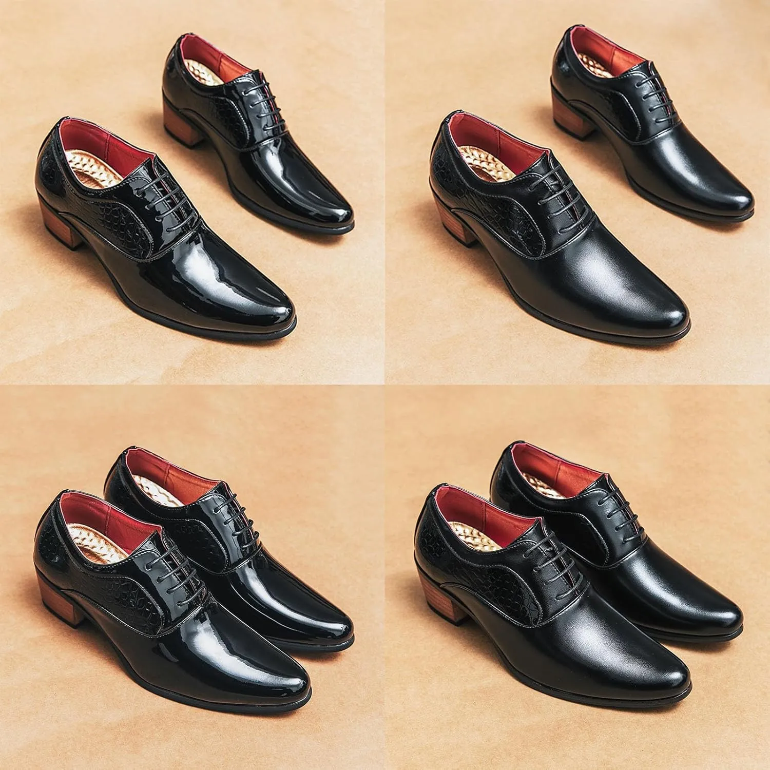 Men's Leather Derby Oxfords Shoes Classic Lace-up Low Top Pointed Toe Embossed Block High Heel Business Wedding Dress Shoes