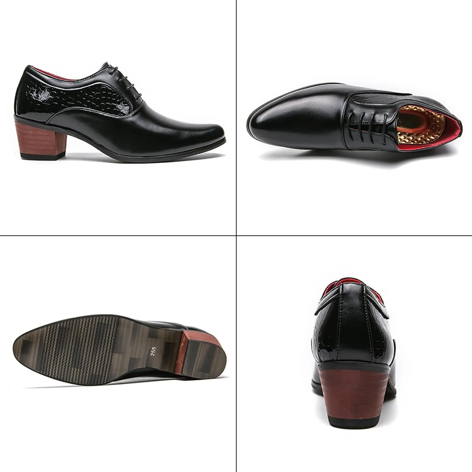 Men's Leather Derby Oxfords Shoes Classic Lace-up Low Top Pointed Toe Embossed Block High Heel Business Wedding Dress Shoes