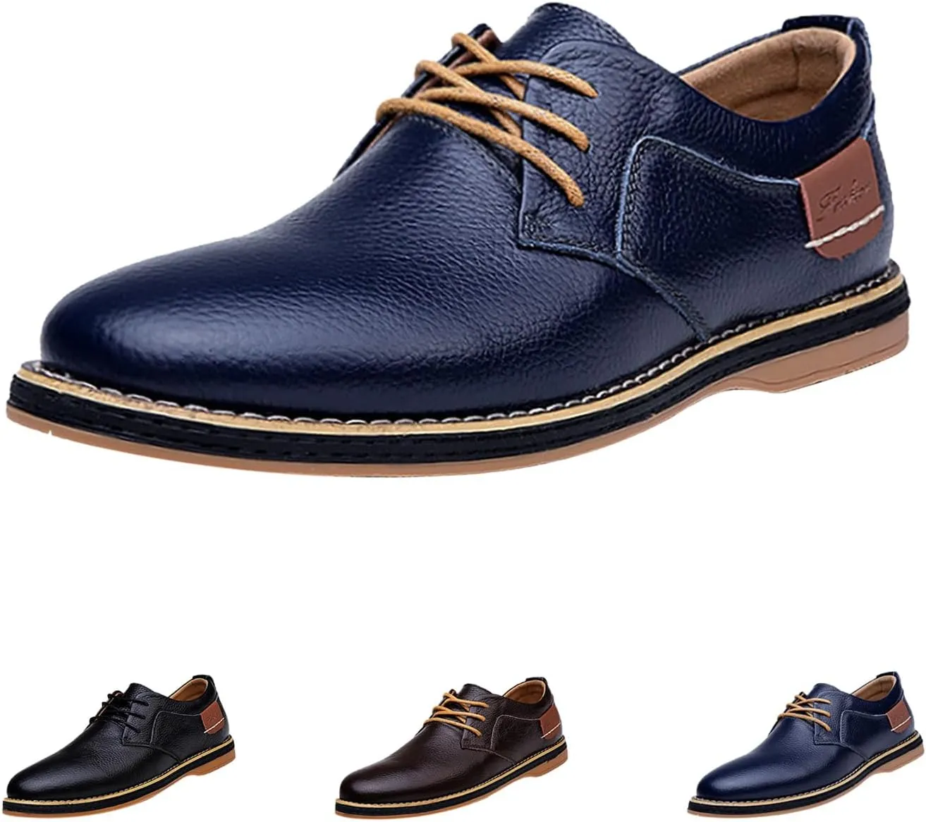 Men's Leather Lace-up Casual Oxfords,Comfortable Hand-Stitched Travel Non-Slip Softsole Derby Business Dress Shoes
