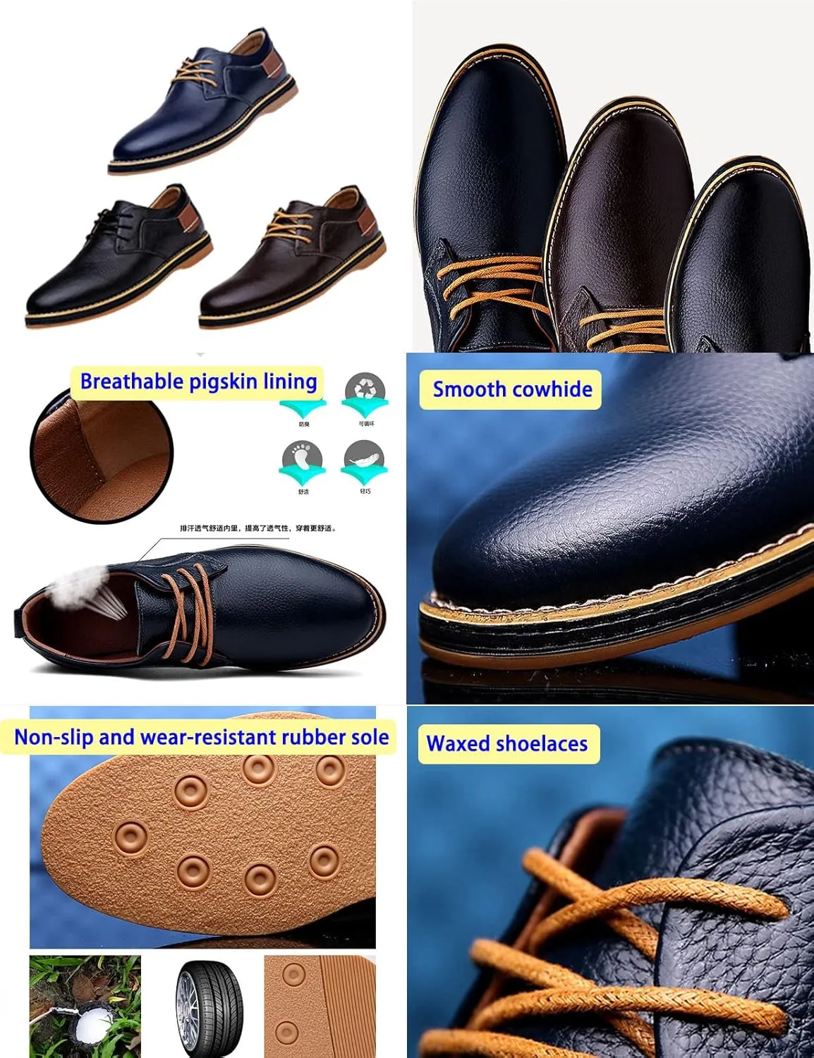 Men's Leather Lace-up Casual Oxfords,Comfortable Hand-Stitched Travel Non-Slip Softsole Derby Business Dress Shoes