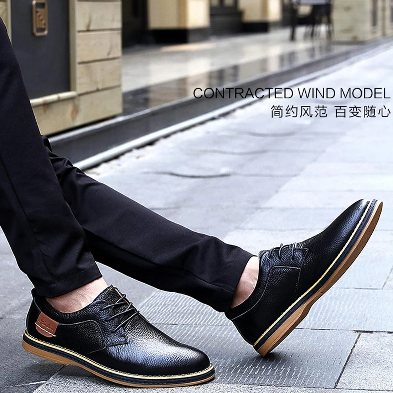 Men's Leather Lace-up Casual Oxfords,Comfortable Hand-Stitched Travel Non-Slip Softsole Derby Business Dress Shoes