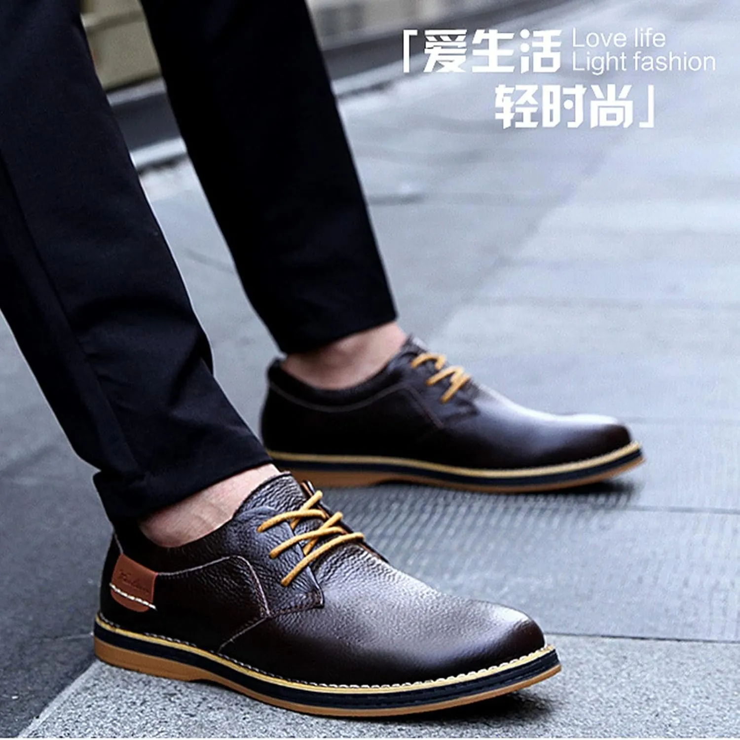 Men's Leather Lace-up Casual Oxfords,Comfortable Hand-Stitched Travel Non-Slip Softsole Derby Business Dress Shoes
